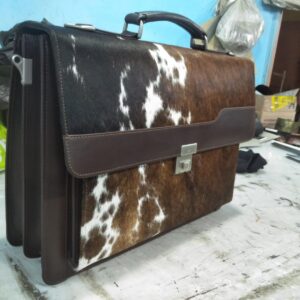 Cowhide briefcase bag in dark brown and white pattern