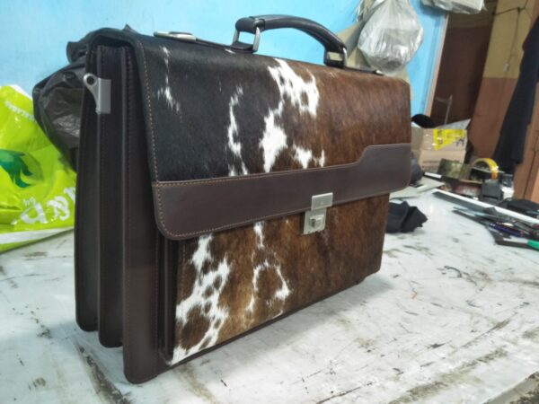 Cowhide briefcase bag in dark brown and white pattern